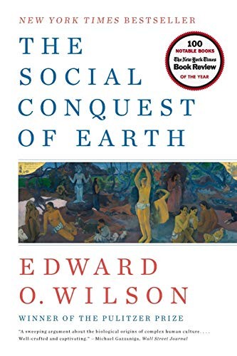 Cover of The Social Conquest of Earth by Edward O. Wilson, with abstract figures against a dark background.