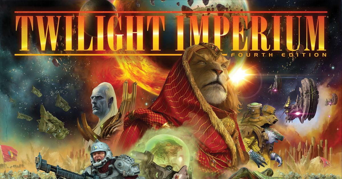 Cover art for Twilight Imperium Fourth Edition, showing a lion-headed emperor flanked by alien leaders against a cosmic battle.