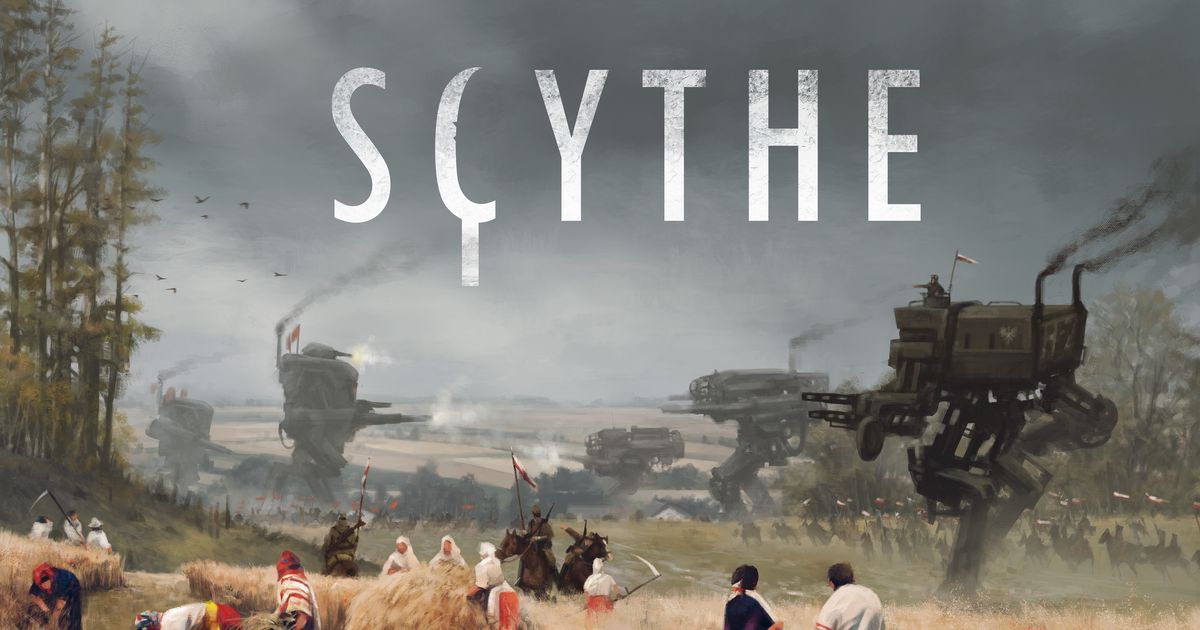Cover art for Scythe, showing mech-like walkers advancing across a 1920s Eastern European farmland at dusk.